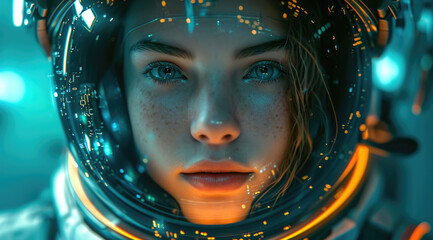 spacewoman with futuristic tech looking in the direction Generative AI