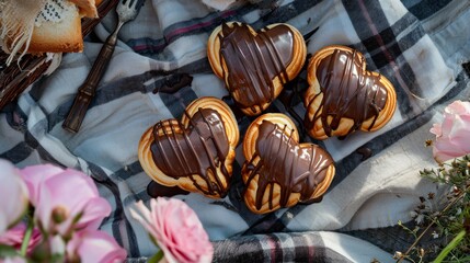 Heart-shaped eclairs with chocolate ganache on a cloth generative ai
