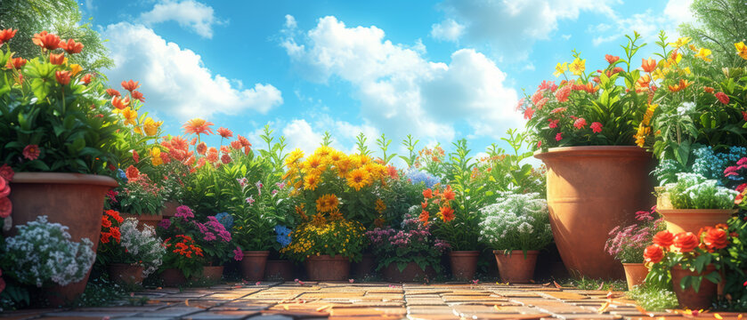 Gardening background with flowerpots in sunny spring or summer garden, generative ai