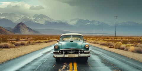 Vintage and retro photo of a classic car parked on a deserted road, with mountains in the backdrop