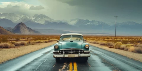 Poster Im Rahmen Vintage and retro photo of a classic car parked on a deserted road, with mountains in the backdrop © EOL STUDIOS