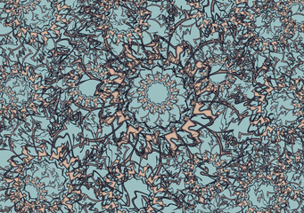 Textural floral background for textiles or fabric products. Bohemian printable texture for wallpapers, covers, postcards, business concepts, fashion trends, scrapbooking, interiors, etc. Vector