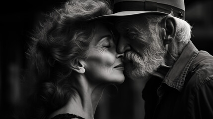 Happy elderly couple in love kissing, concept of mature and long lasting love 