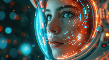 spacewoman with futuristic tech looking in the direction Generative AI - obrazy, fototapety, plakaty