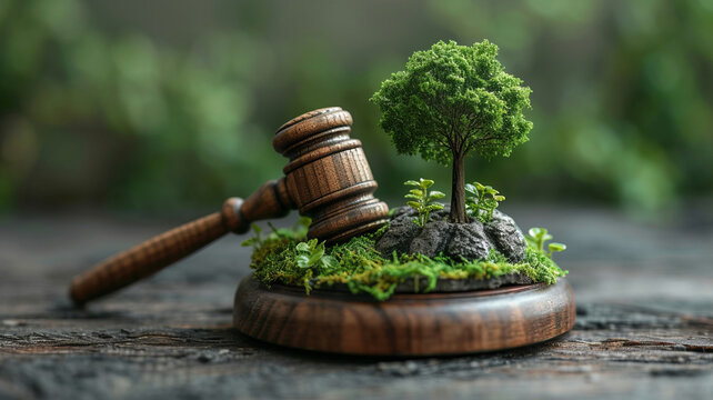 Gavel and green eco Earth globe, international law and green energy concept, sustainable environment future global values, generative ai