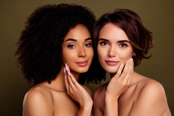 Aesthetic portrait of two pretty charming girls hands touch cheek pure skin isolated on khaki color background