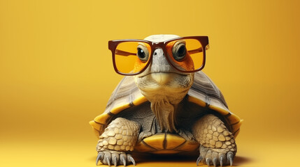 Fashionable turtle in sunglasses on studio background, with copy space 