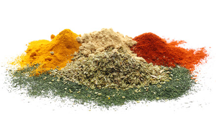 Oregano, dill, cayenne pepper, ginger and turmeric, powder piles isolated on white