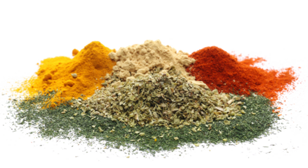 Oregano, dill, cayenne pepper, ginger and turmeric, powder piles isolated on white