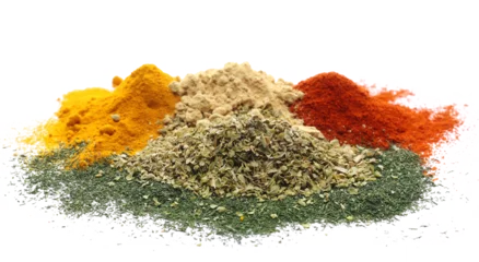 Fotobehang Oregano, dill, cayenne pepper, ginger and turmeric, powder piles isolated on white © dule964