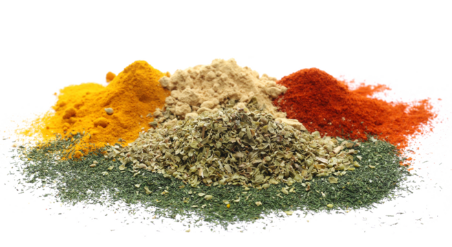 Oregano, dill, cayenne pepper, ginger and turmeric, powder piles isolated on white