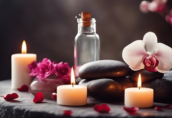 Obraz na płótnie Canvas Valentine's Day stone background relax Zen spmassage decoration setting concept oil Wellness