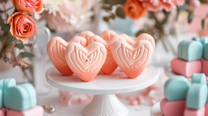 Heart-shaped petit fours with pastel-colored fondant generative ai
