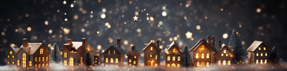 Christmas Wooden Houses on Dark Background with Motion Blur Panorama AI Generated