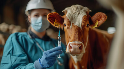 Veterinarian holds a syringe with vaccine on the background of a dairy cow in a cow barn ,generative ai