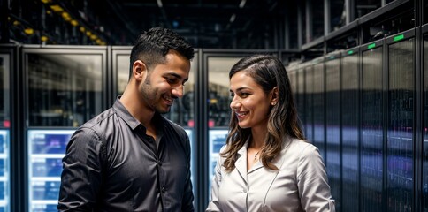 The image captures the collaboration and expertise of two computer technicians working seamlessly in a server room, maintaining and managing the digital infrastructure with precision and teamwork.