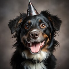 Smiling Happy Dog with Party Hat on Head AI Generated