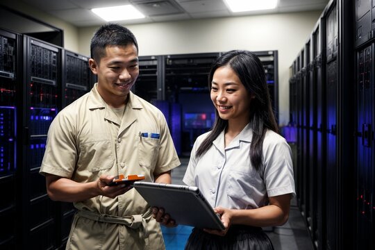 The image captures the collaboration and expertise of two computer technicians working seamlessly in a server room, maintaining and managing the digital infrastructure with precision and teamwork.