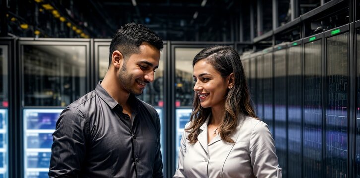 The image captures the collaboration and expertise of two computer technicians working seamlessly in a server room, maintaining and managing the digital infrastructure with precision and teamwork.