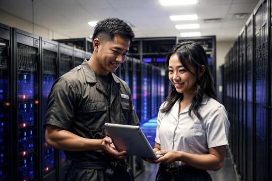 The image captures the collaboration and expertise of two computer technicians working seamlessly in a server room, maintaining and managing the digital infrastructure with precision and teamwork.