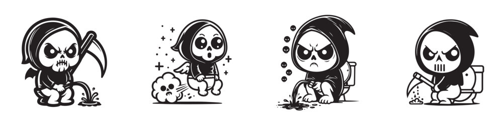 little cute grimm reaper funny vector set, blask and white cartoon character design