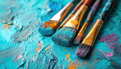Fototapeta premium paint and brush on an artistic palette, in the style of sky-blue and beige