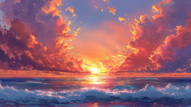 Majestic sunset over the ocean, with hues of orange and pink blending in the sky. Manga-style clouds generative ai