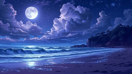 Moonlit beach with waves crashing, framed by manga-style clouds generative ai