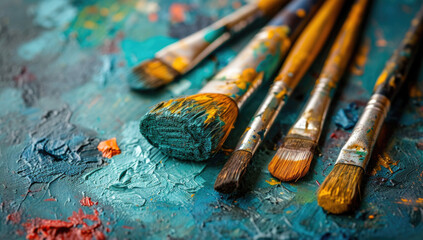 paint and brush on an artistic palette, in the style of sky-blue and beige