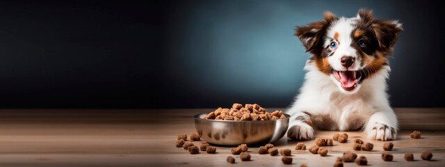 Happy and smiling Border Collie with a plate of dry food on a black background. Dog smiles and looks at the camera, food flies around the puppy, a banner with a copyright for the text. High quality