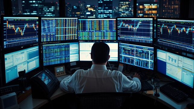 Wallstreet trader looking at the stock market on multiple monitors. Monitors show price charts.
