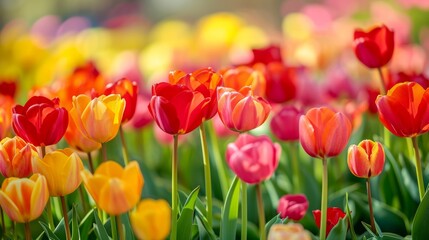 Natural background of vibrant tulips in full bloom, creating a colorful floral tapestry generative ai