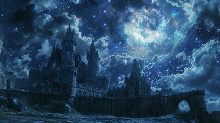 Night sky over a medieval castle, with manga-style clouds generative ai - obrazy, fototapety, plakaty