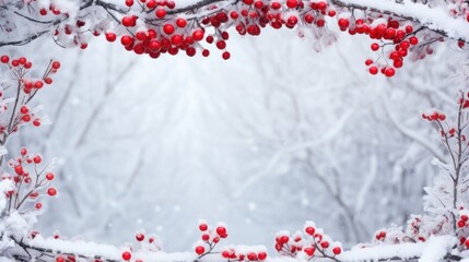 Winter Wonderland: Snow-Covered Board Frame Framed by Branches with Red Berries Covered in Frost AI Generated
