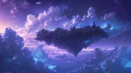 Night sky over a mystical floating island, with manga style clouds generative ai