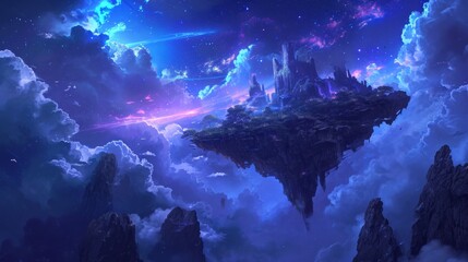 Night sky over a mystical floating island, with manga style clouds generative ai