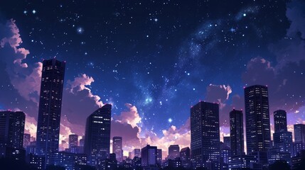 Nighttime cityscape with skyscrapers illuminated against a dark, starry sky. Manga-style clouds generative ai - obrazy, fototapety, plakaty