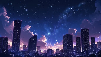 Tuinposter Nighttime cityscape with skyscrapers illuminated against a dark, starry sky. Manga-style clouds generative ai © Kelly