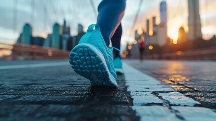 Runner's shoes hitting the pavement on a bridge during a city race generative ai