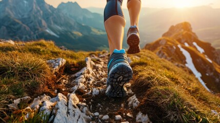 Runner's shoes making strides on a mountain ridge generative ai