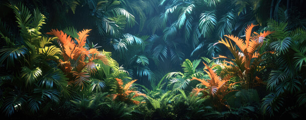 Fototapeta na wymiar dark jungle environment with some tall plants on it, in the style of realistic usage of light and color