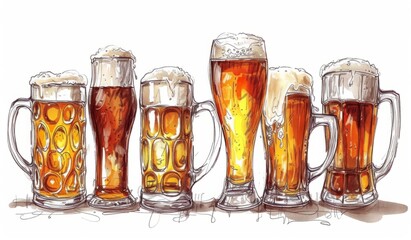 sketch of several mugs of beer with different types of beer Generative AI - obrazy, fototapety, plakaty