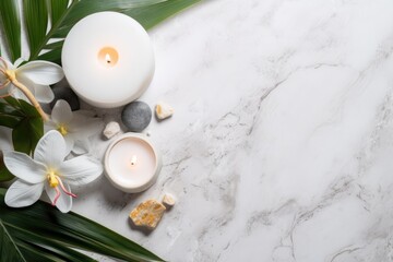 Obraz na płótnie Canvas Spa Concept on White Stone Background with Palm Leaves, Flower Candle, and Zen-like Grey Stones - Top View AI Generated