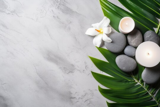 Spa Concept on White Stone Background with Palm Leaves, Flower Candle, and Zen-like Grey Stones - Top View AI Generated