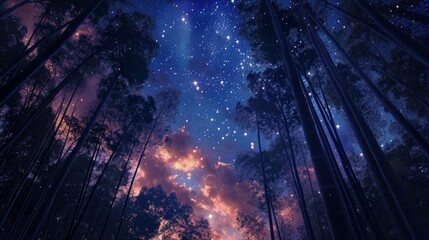 Starlit sky over a bamboo forest, with manga-style clouds generative ai