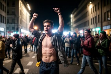 The image captures the passionate spirit of a young protester in the USA, embodying the energy and determination of those advocating for social change and justice.