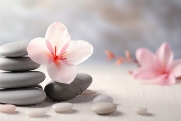 Obraz na płótnie Canvas Relaxing Spa Stones and Beautiful Flower on Light Background AI Generated