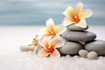 Fototapeta na wymiar Relaxing Spa Stones and Beautiful Flower on Light Background AI Generated
