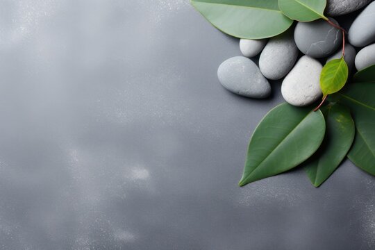 Relaxing Spa Stones and Leaves on Grey Background AI Generated