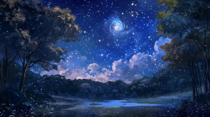 Starry night sky over a magical forest, with manga-style clouds generative ai